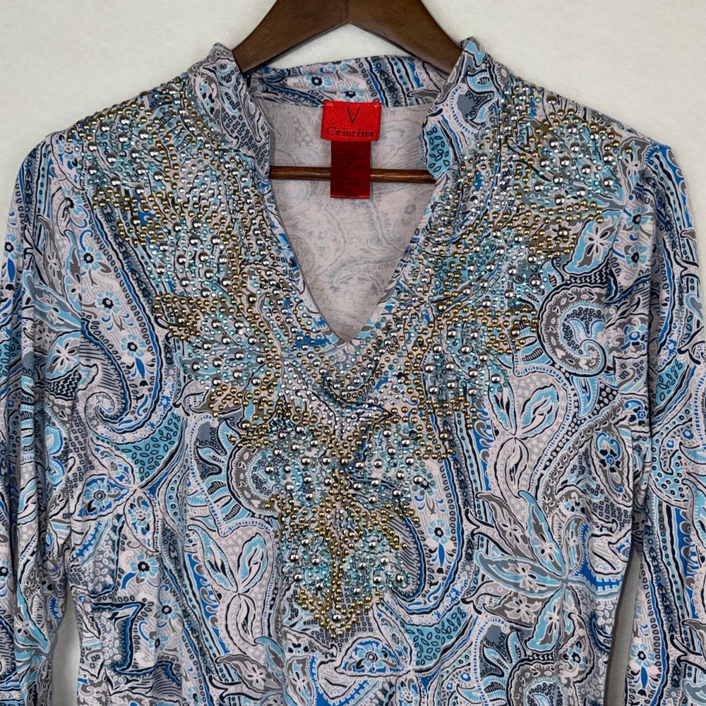V Cristina Women Large Blue Paisley Rhinestone Embellished Top Boho Vintage Y2k - Picture 2 of 8
